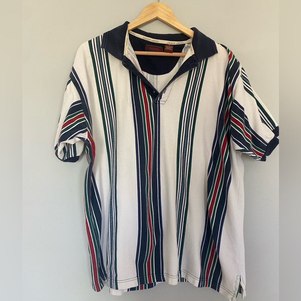Cougar Limited 100% Cotton White with Multicolored Stripes Shirt Size Medium
